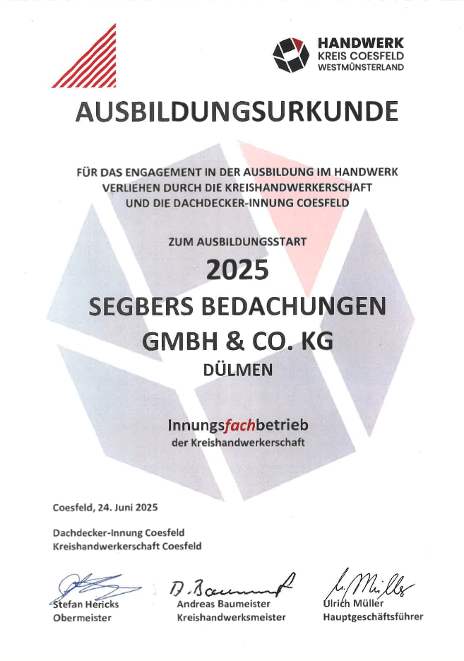 Ausbildungsurkunde Segbers Bedachungen